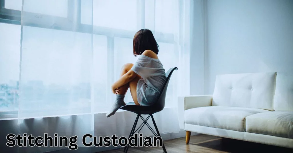 a person sitting on a chair stitching custodian